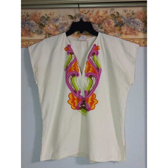 Artesania Sarchi Hand Painted Medium Boxy Beige Casual Travel Beach Top - Picture 1 of 5